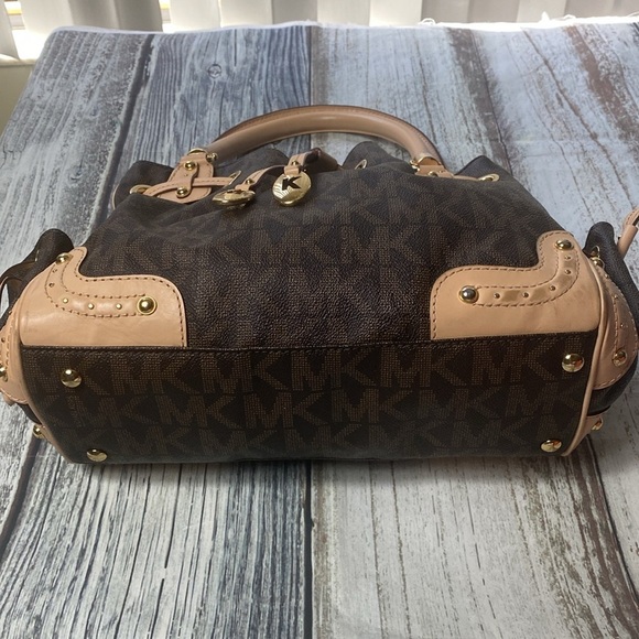 Michael Kors Brown Logo Canvas Satchel Tote with Leather Trim gold-tone hardware - Picture 5 of 16